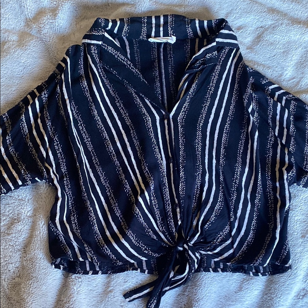 All in Favor Blue and White Crop Tie Front Blouse